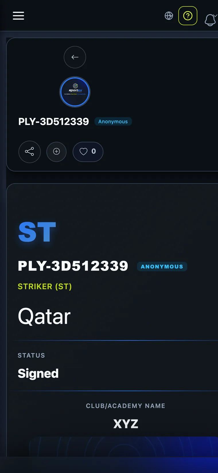 An athlete profile on a phone, showing position, nationality, status and club.